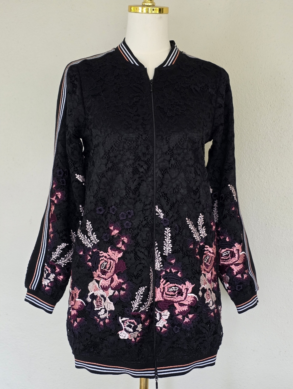 Anne Fontaine Lace Embroidered Longline Bomber Jacket Black 36 Us 4